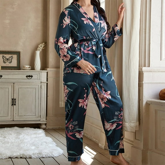 Xysaqa Women's Plus Size Silk Pajamas Sets, Women Summer Floral Satin Tops Long Pants Sleepwear Two Piece Casual Long Sleeve Pjs Sets Loungewear XL-5XL