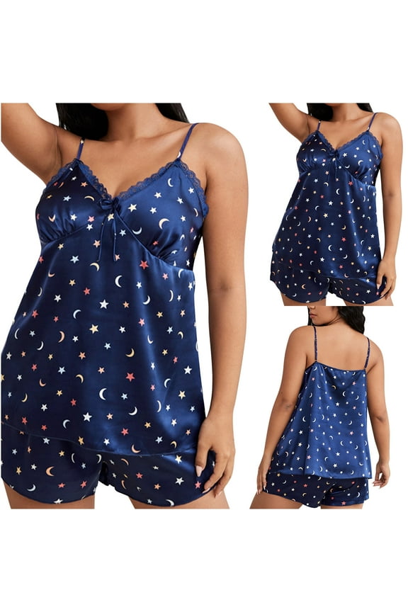 Women's Plus Size Sleepwear Cute Print Cami Top and Shorts Satin Pajama Sets 3X 4X 5X Blue Xl