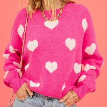 Xysaqa Women's Pullover Sweaters Long Sleeve Crewneck Cute Heart Print Knitted Casual Sweater