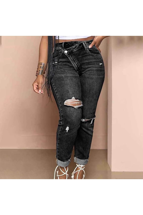 Women's Ripped Skinny Jeans Slim Fit Trendy Distressed Stretch Denim Pants High Waisted Jeans for Women Casual Denim Pants S-2XL Black