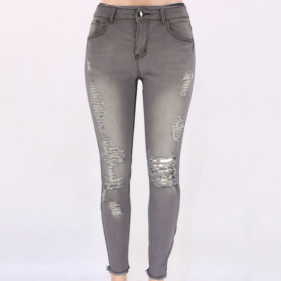 Xysaqa Women's Ripped Skinny Jeans Slim Fit Trendy Distressed Stretch Denim Pants High Waisted Jeans for Women Casual Denim Pants S-2XL Gray