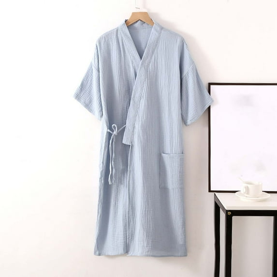 Xysaqa Women's Robes, Lightweight Crepe Gauze Robe for Women Loungwear 3/4 Sleeve Soft Comfy Long Bathrobe with Pocket