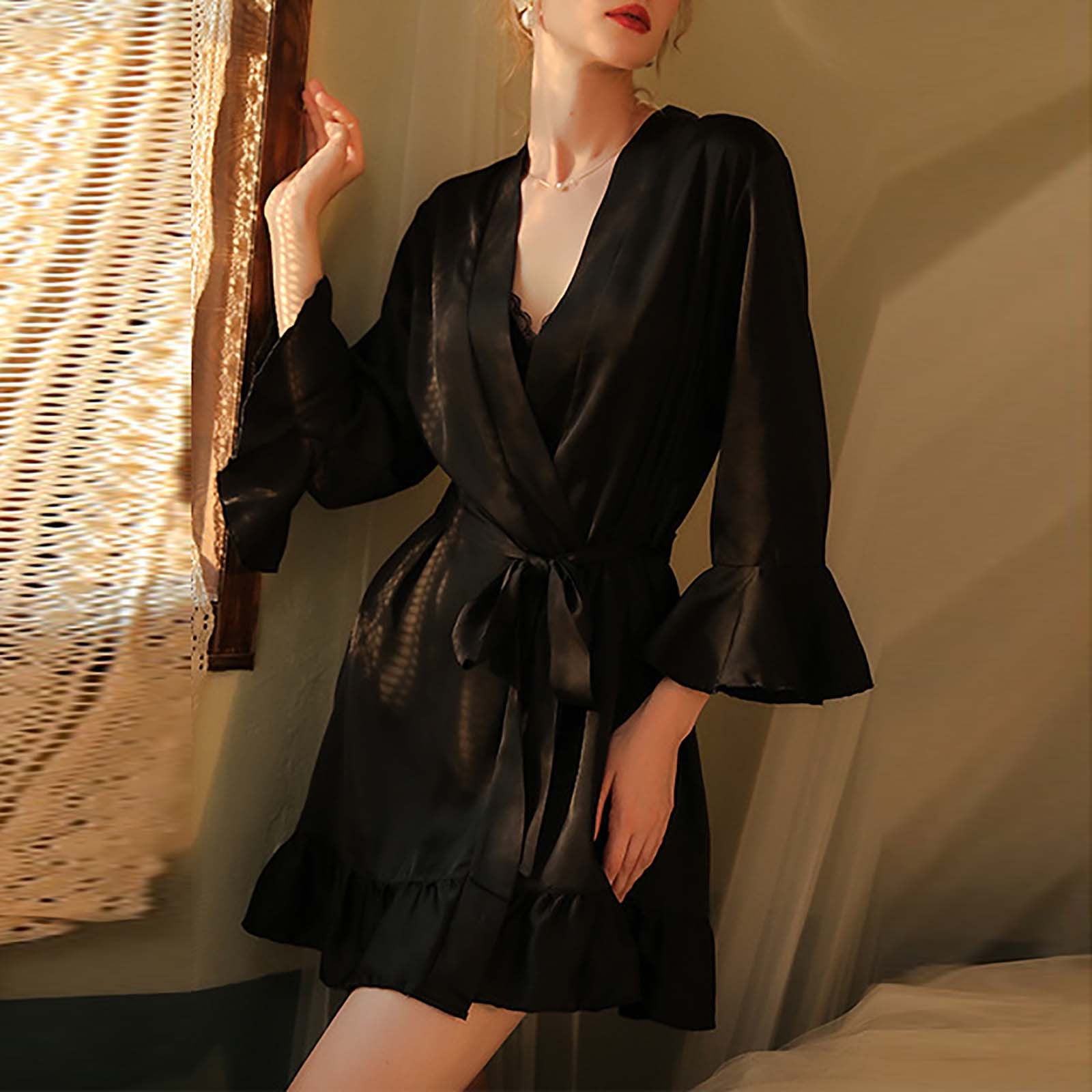 Xysaqa Women's Robes Ruffled Robe Bride Bridesmaid Short Kimono Satin ...