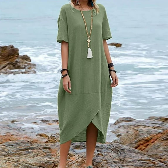 Xysaqa Women's Round Neck Cotton Linen Maxi Dresses Casual Short Sleeve Long T-Shirt Dress Beach Summer Dresses Loose Fit S-XXL