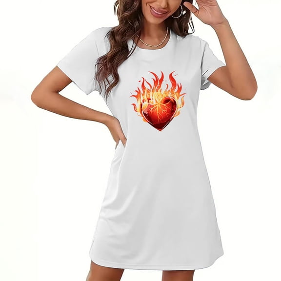 Xysaqa Women's Short Nightgown, Short Sleeves Lightweight Night Gowns and Sleep Wears Printed Nightshirts Loungewear Oversized Loose Sleep Dress Clearance White XL