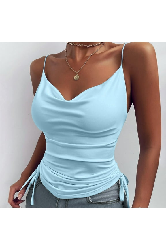 Women's Silk Tank Top Ladies Cowl Neck Camisole Silky Slim-Fit Sleeveless Side Drawstring Blouse Satin Tank Basic Shirt Y2K Top S-XXL