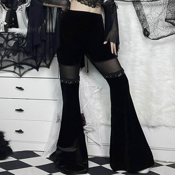 Xysaqa Women's Soft Velvet High Waisted Flare Leggings Pants Women Fashion Faux Leather Mesh Panel Bootleg Pant Stretch Vintage Gothic Bell Bottom Pants Black S