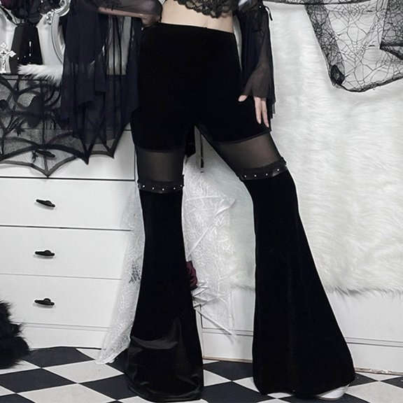 Xysaqa Women's Soft Velvet High Waisted Flare Leggings Pants Women Fashion Faux Leather Mesh Panel Bootleg Pant Stretch Vintage Gothic Bell Bottom Pants Black S