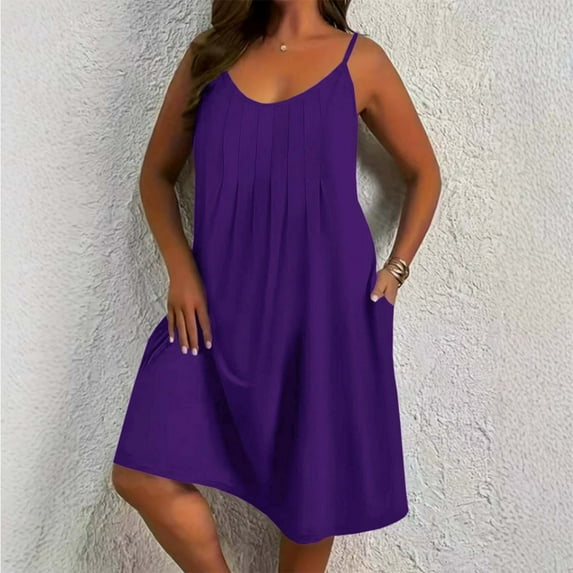 Xysaqa Women's Spaghetti Strap Plus Size Dresses Loose Fits Casual Tank Beach Swing Dress for Women V Neck Summer Pleated Sun Dresses Knee Length 3X 4X 5X