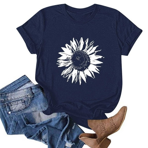 Xysaqa Women's Sunflower Graphic Shirts Vintage Sunflower Printed Summer Tops for Women Loose Casual Beach Holiday Short Sleeve Tees Top S-XXL