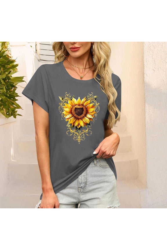 Women's T Shirts Summer Tops Vintage Sunflower Graphic Tee Shirts Short Sleeve Beach Vacation Casual Blouse Basic Tees Regular Fitted S-2X