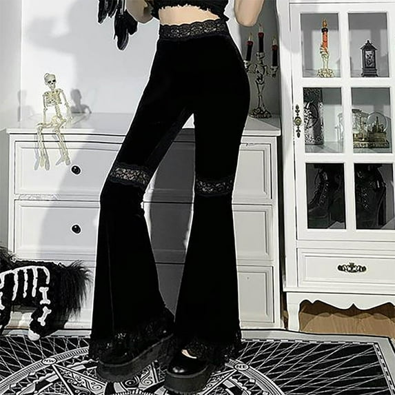 Xysaqa Women's Velvet Stretch High Waisted Black Flare Leggings Women Fashion Lace Panel Bootleg Pant Vintage Gothic Bell Bottom Pants Black L