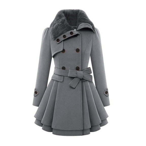 Xysaqa Women's Warm Double-Breasted Thick Wools Pea Coat Belted Trench Coat Fashion Elegant Winter Jacket with Faux Fured Lapel S-5XL (Available in plus size)
