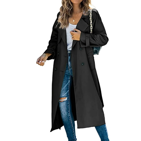 Xysaqa Women's Windbreaker Trench Coat Double Breasted Duster Classic Lapel Overcoat Belt Slim Long Dress Jacket Maxi Outerwear S-XXL