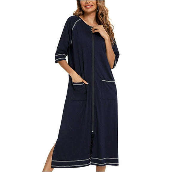 Xysaqa Women's Zipper Front Pajama Nightdress Nightgown Casual Loose Long Housedress Short Sleeve Cotton Loungewear Housecoat with Pockets
