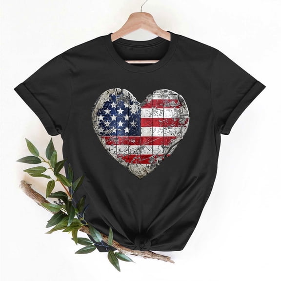 Xysaqa Womens American Flag Shirt Patriotic Short Sleeve Heart Graphic Tees 4th of July USA Flag Summer Tops Women Independence Day T-Shirts S-XXL