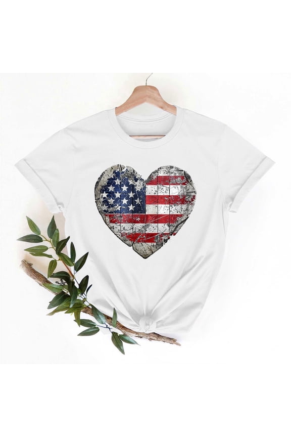 Womens American Flag Shirt Patriotic Short Sleeve Heart Graphic Tees 4th of July USA Flag Summer Tops Women Independence Day T-Shirts S-XXL