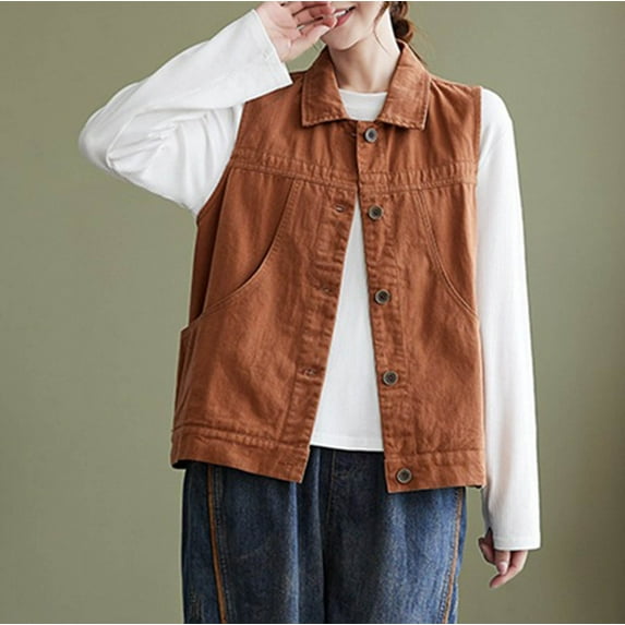 Xysaqa Womens Cotton Blended Vests Outerwear Button-Down Lapel Collar Shirt Jackets Lightweight Waistcoat Casual Sleeveless Jacket Cargo Vest with Big Pockets M-2XL