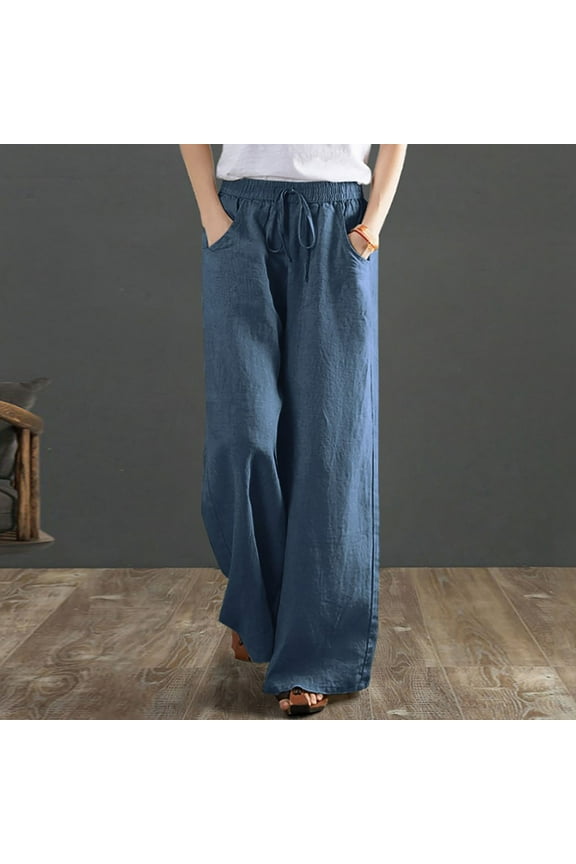 Womens Cotton Linen Boho Yoga Pants, Comfy Baggy Wide Leg Pants Casual Loose High Waist Lounge Joggers Palazzo Pants with Pockets