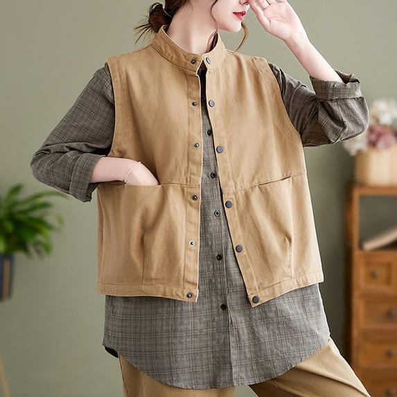 Xysaqa Womens Cotton Vests Button-Down Stand Collar Shirt Jackets Plain Lightweight Waistcoat Casual Sleeveless Jacket Cargo Vest with Big Pockets M-2XL