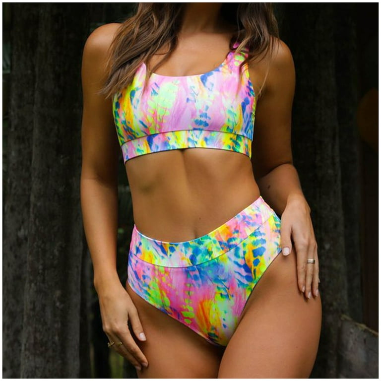Xysaqa Womens High Waisted Bikini Tie Dye Bandeau Top Rainbow