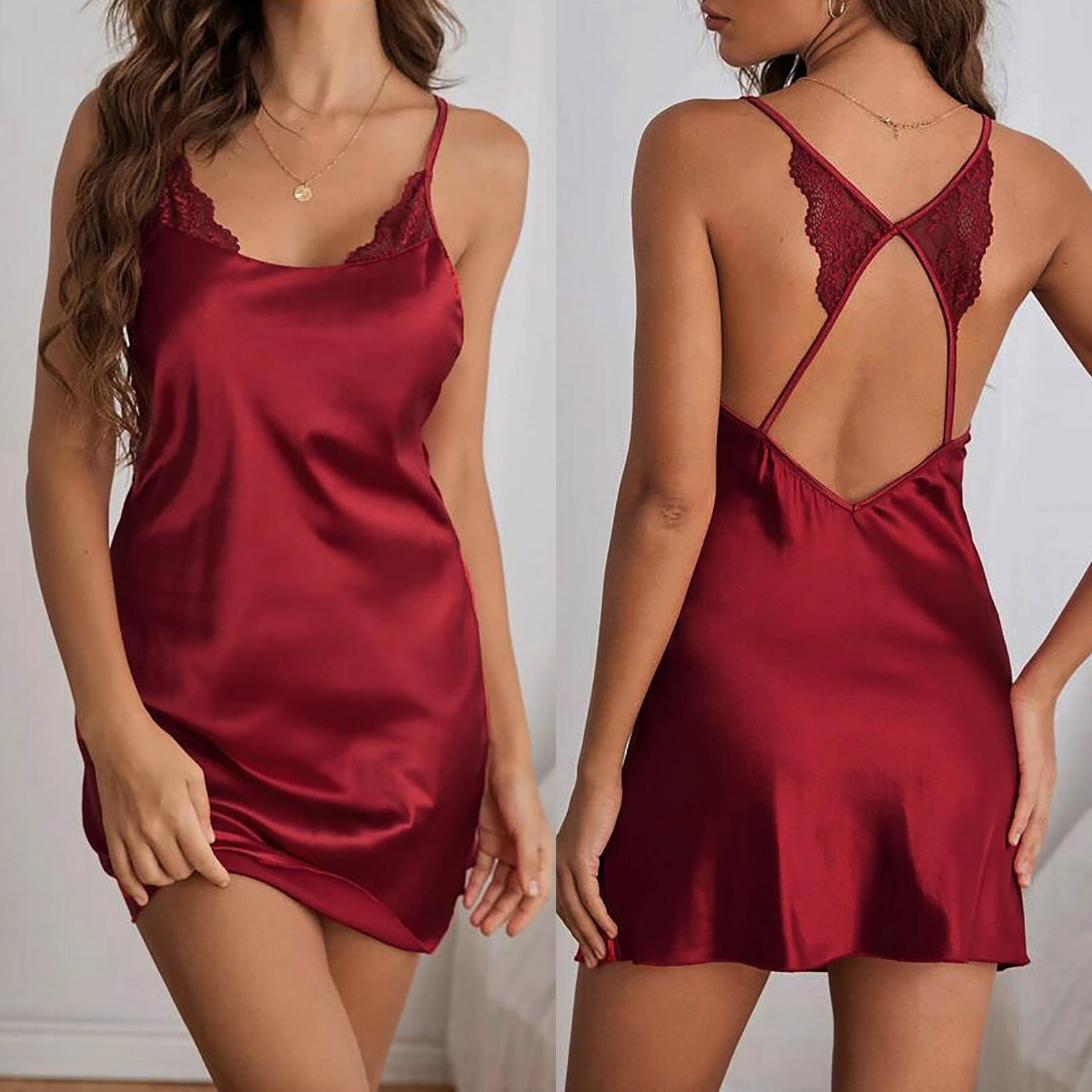 Xysaqa Lingerie for Women Satin Nightgown Lace Chemise Sleeveless Camisole  Slip Dress Babydoll Sleepwear Nightwear 