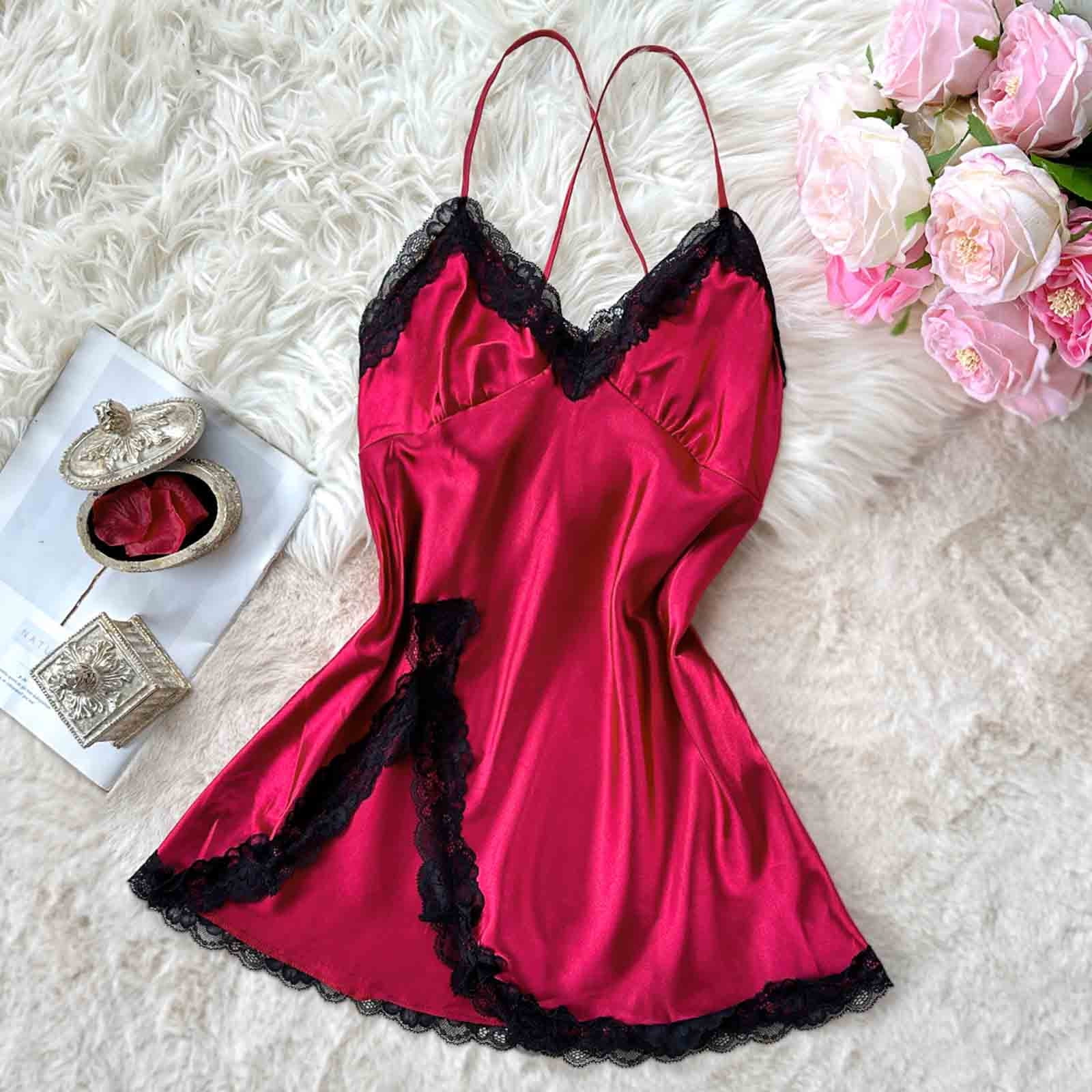 Ekouaer Sexy Sleepwear Lace Lingerie Sleeveless Nightgown Chemise Satin Slip Sil