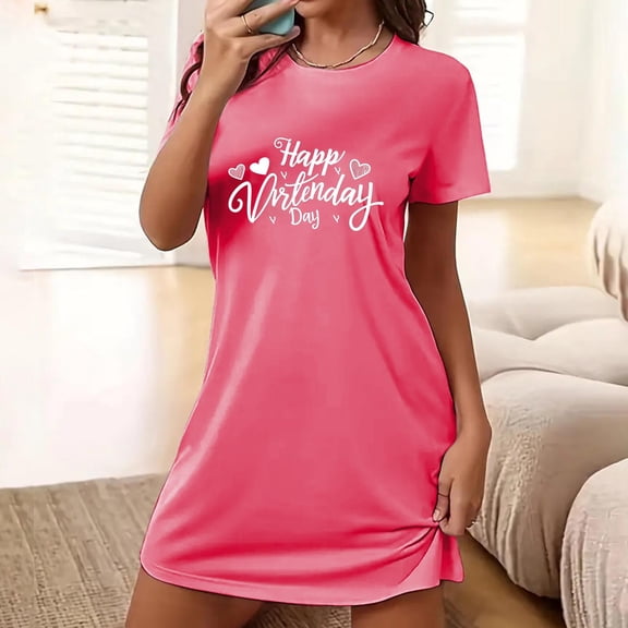 Xysaqa Womens Nightgowns Happy Valentines Day Grapgic Sleepwear Women Plus Size Sleep Shirt Short Sleeve Nightshirt Cute Print Sleepshirt Night Dress Clearance Hot Pink XL