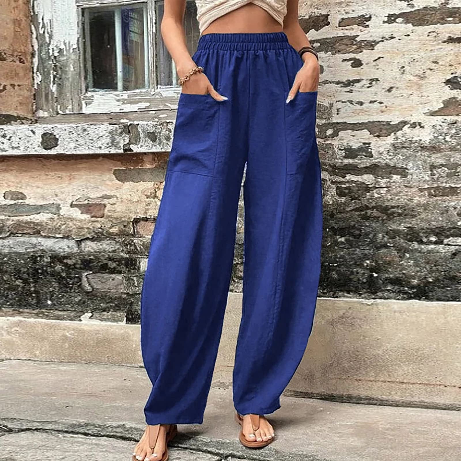 Xysaqa Cute Summer Outfits for Women, Women's Casual Loose Baggy Pants  Trousers Overalls Cotton Linen Long Pants with Pockets 