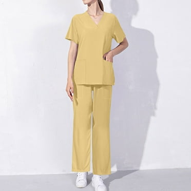 Xysaqa Womens Scrub Set - Short Sleeve Workwear for Women V-Neck Scrub Top and Long Pants Casual Pocket Solid Color Uniform S-XXL Yellow