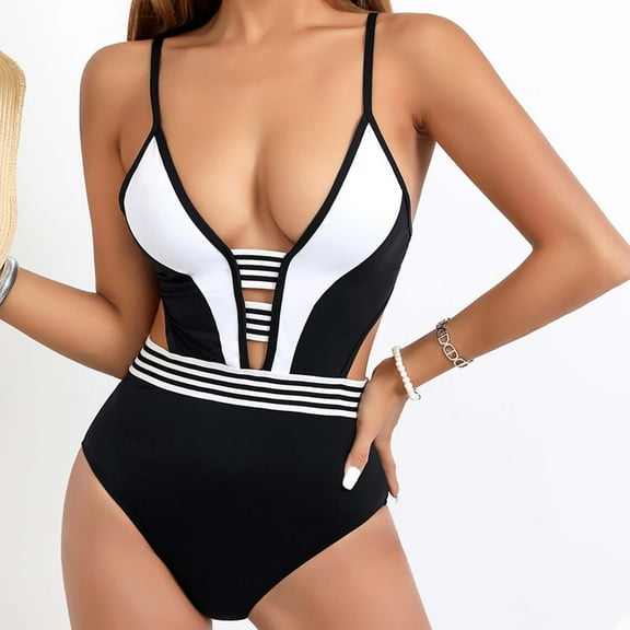 Xysaqa Womens Sexy Cut Out One Piece Swimsuits V Neck Backless Bathing Suit for Women Trendy Color Block High Cut Monokini Swimwear Clearance White S