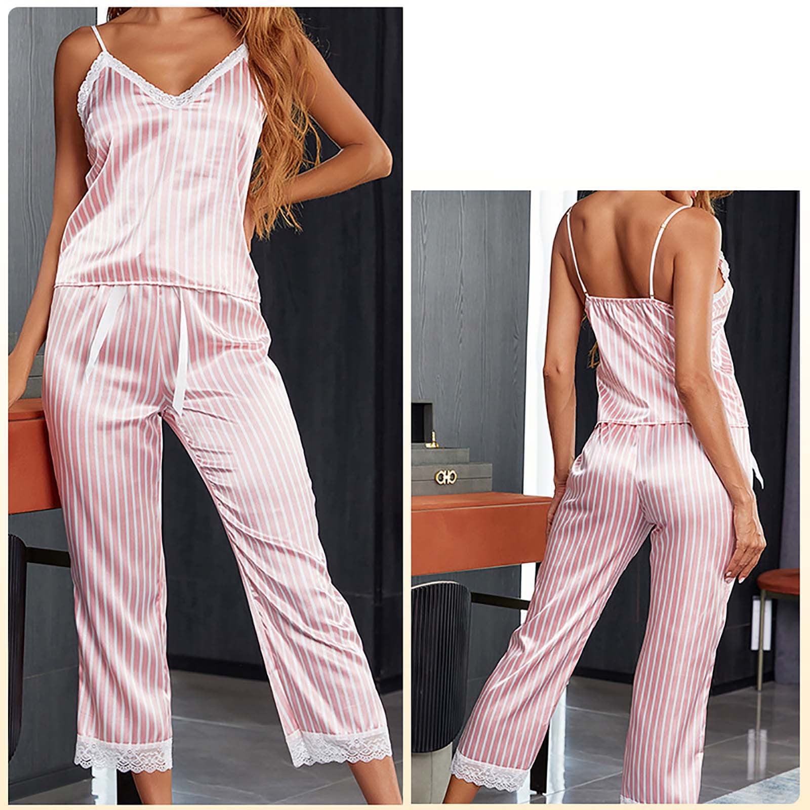 Xysaqa Womens Silk Imitation Satin Pajama Set Two Piece Pjs Sets Soft Cami  Top and Capris Pants Sleepwear Loungewear S-L 