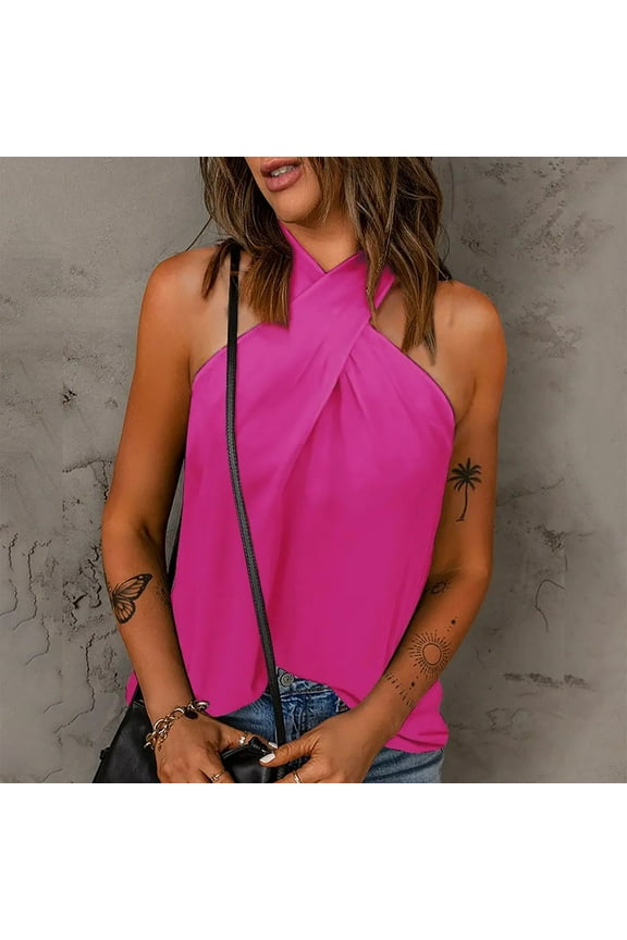 Womens Sleeveless Criss Cross Halter Top Loose-Fit Solid Elegant Basic T-Shirt Blouse Tank Tops Cocktail Party Tops S-2XL