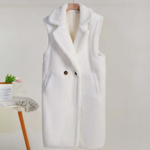 Xysaqa Womens Sleeveless Sherpas Vests with Pockets Lapel Open Front Fleeces Cardigan Sweater Long Jacket Coat Knee Length Winter Clothes S-3XL