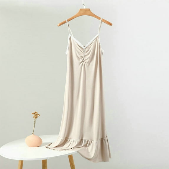 Xysaqa Womens Sleeveless Tank Nightgowns Lace Ruffle Nightshirt Chemise Sleepwear Spaghetti Strap Pajama Dress Soft Comfy Nightdress L-2XL