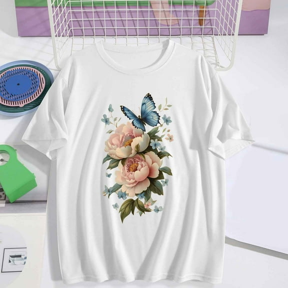 Xysaqa Womens Summer Boho Floral Printed T-Shirt Trendy Cute Flowers Graphic Tees Tops for Women Loose Fit S-2XL