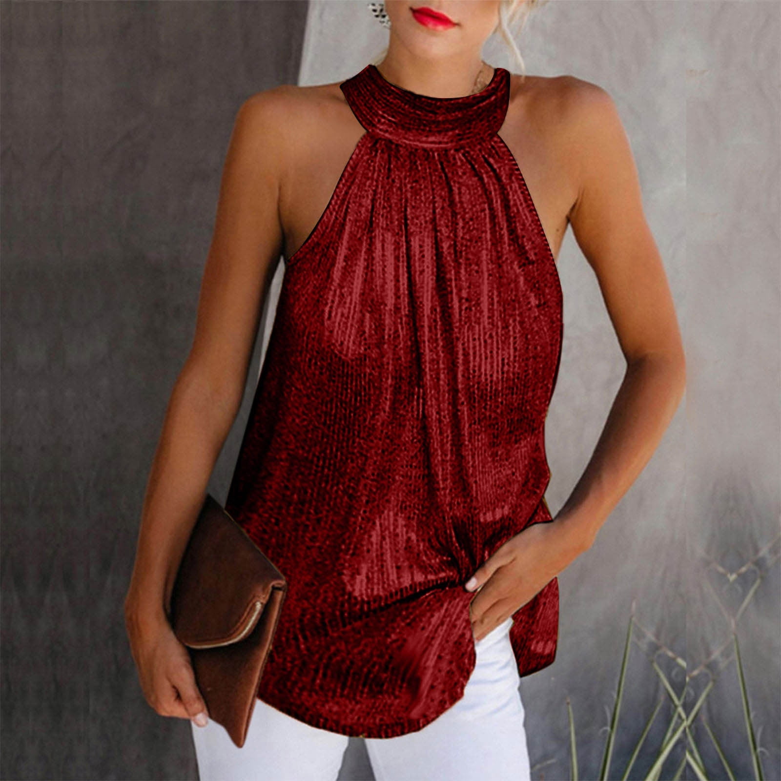 Xysaqa Women's Satin Cowl Neck Halter Tops Metallic Chain