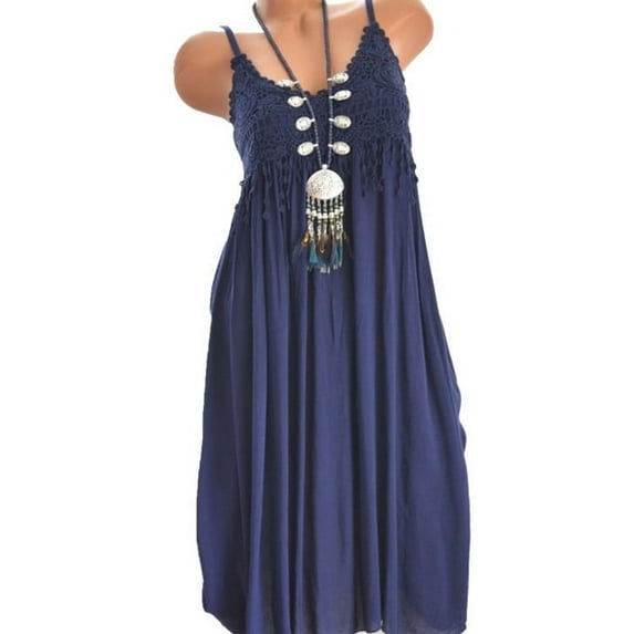 Xysaqa Womens Summer Lace Long Dresses 2023 Casual Plus Size V Neck Tassel Boho Dress Spaghetti Strap Sleeveless Flowy Beach Navy Mid Dresses on Clearance (S-5XL)
