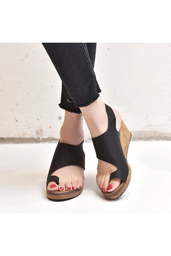 Womens Summer Orthopedic Wedge Sandals Toe Separation Shoes Bunion Correction Flat Slipper Casual Buckle Strap Sandals (Black)