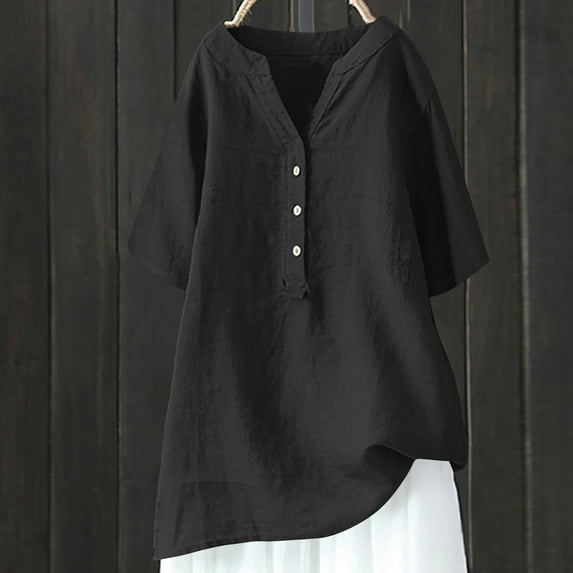 Xysaqa Womens Summer Tops, Tops for Women Trendy Women's Loose and Versatile V-Neck Five Quarter Sleeved Cotton Linen Tops Shirt Short Sleeved V-Neck Tops/Shirt Button Shirts for Women Fall Savings!
