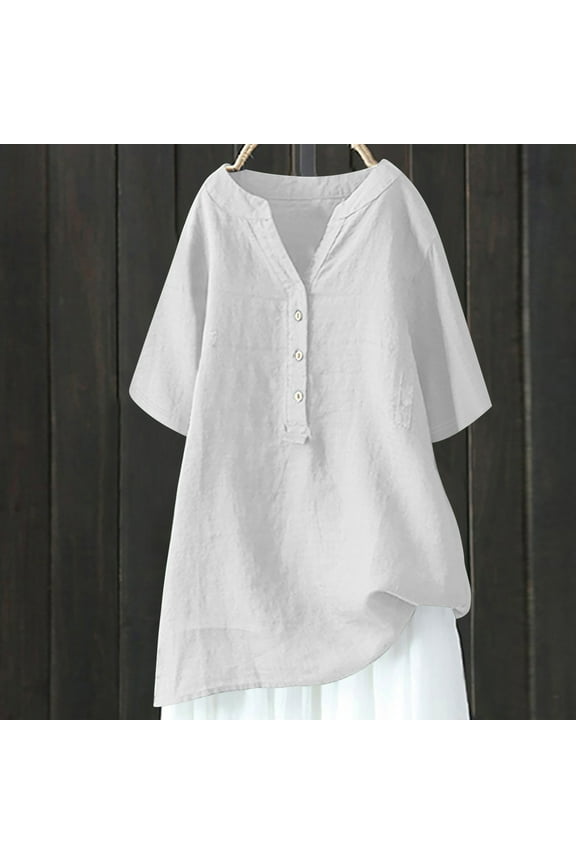 Womens Summer Tops, Women Shirt 3/4 Sleeve Shirts Women's Loose and Versatile V-Neck Five Quarter Sleeved Cotton Linen Tops Shirt Short Sleeved V-Neck Tops/Shirt Button Up Shirts for Women Fall