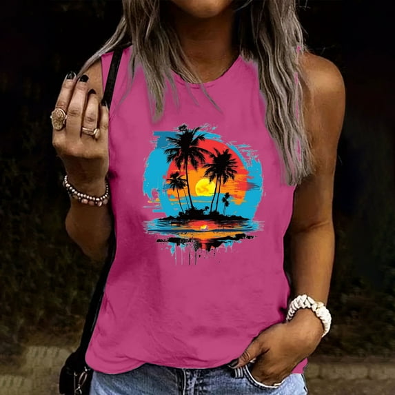Xysaqa Womens Tank Tops Summer Palm Tree T Shirts for Women Casual Cotton Sleeveless Workout Tops Hawaiian Beach Graphic Tees Top S-2X