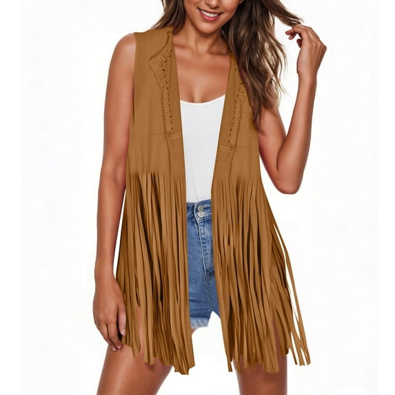 Xysaqa Womens Tassels Fringe Sleeveless Vest Hippie Ladies Faux Suede Cardigan Jacket Waistcoat Vintage Ethnic Outwear Tops S-3XL