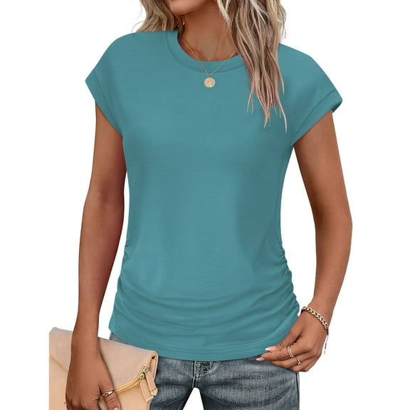 Dzypnd Womens Tops Dressy Business Casual Work Blouse Cap Sleeve Summer Tops for Women Crew Neck Ruched Basic Tee Ladies Tanks Fashion Light Blue XL