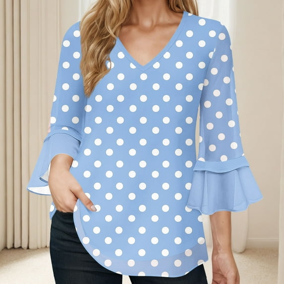 Xysaqa Womens Tops Women's Ruffle 3/4 Sleeve Shirts Floral V Neck Dressy Casual Chiffon Blouses Loose Fit Comfy Lightweight Flowy Tunic Tops