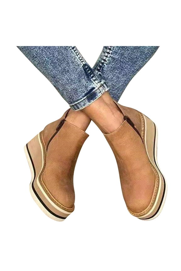 Womens Wedge Shoes, Womens Walking Shoes Large Four Seasons Side Zipper Casual Leather Plastic Thick Sole Slope Heels Women's Shoes Women's Casual Shoes on Clearance