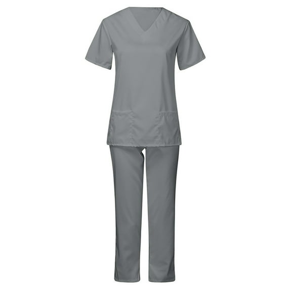 Xysaqa Workwear Uniform Women's Scrub Set Stretch Short Sleeve V-Neck Scrub Top and Scrub Pants Outfits S-5XL (Available in Plus Size) Gray