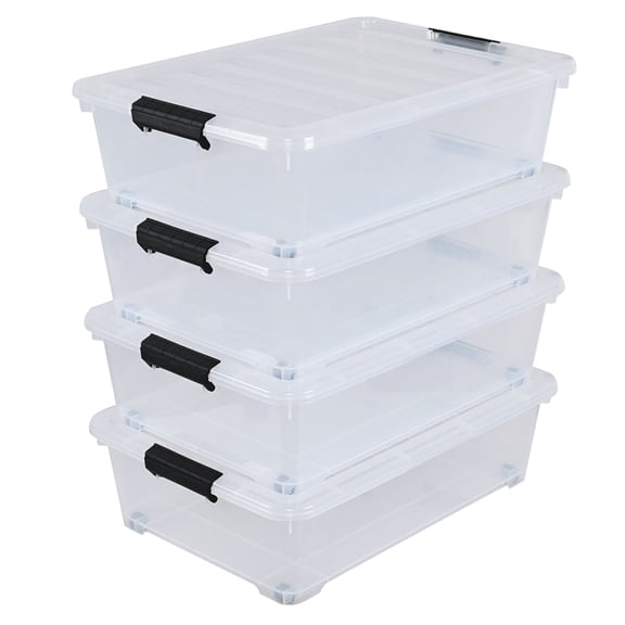 Xyskin 4-Pack Wheeled Underbed Organizer Bins with Latching Lids, 25 Qt Plastic Under Bed Storage Organizer Bin Container, Clear