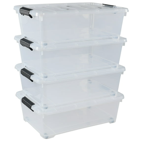 Xyskin 4 Packs 20 Quart Plastic Under Bed Storage Box, Clear Stackable Container Bins for Clothes, Blankets, Winter Clothing, & Shoes