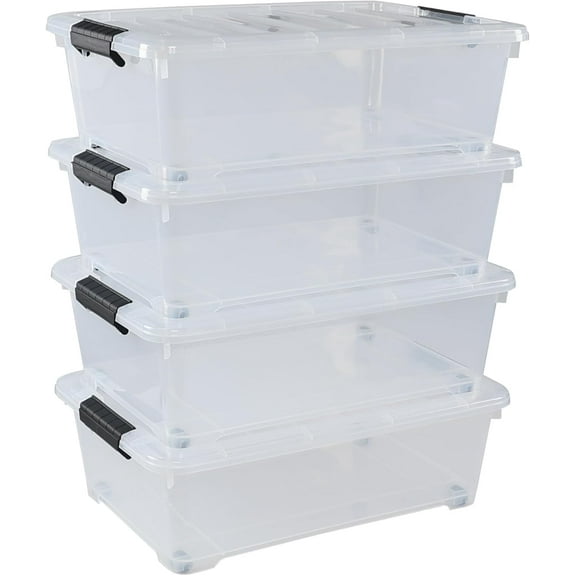 Xyskin 4 Packs 20 Quart Plastic Under Bed Storage Box, Clear Stackable Container Bins for Clothes, Blankets, Winter Clothing, & Shoes